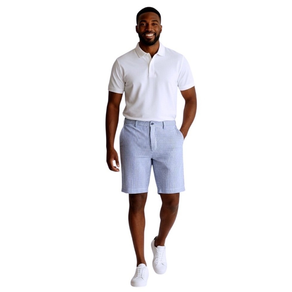 Banana Republic Aiden Short 36 Blue White Striped Seersucker Preppy Coastal Mens